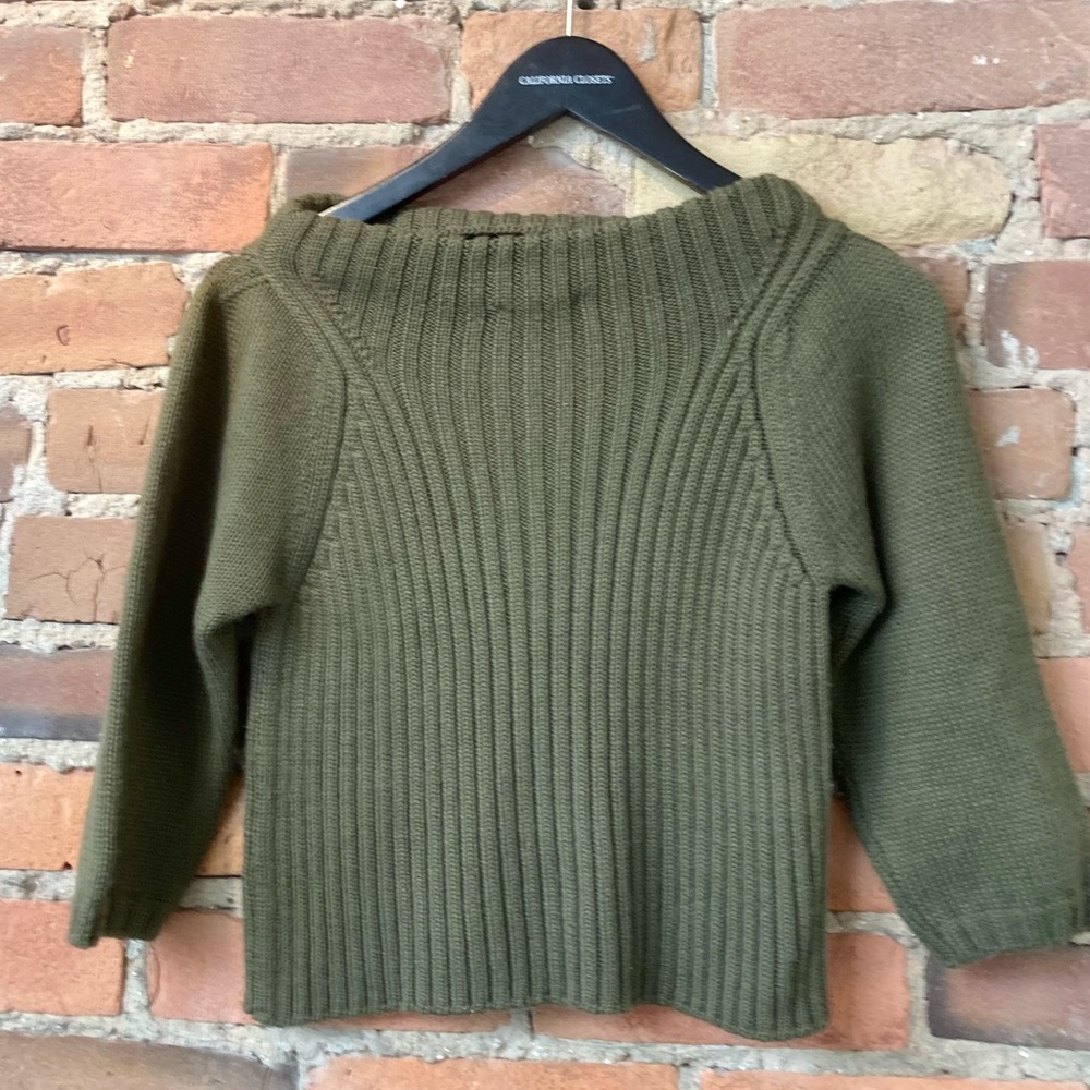 Cropped Khaki Green Boatneck Sweater wth three quarter sleeves. Size: Small.
